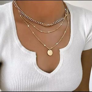 SALE! NEW Gold Triple Chain Disc Pendent Necklace